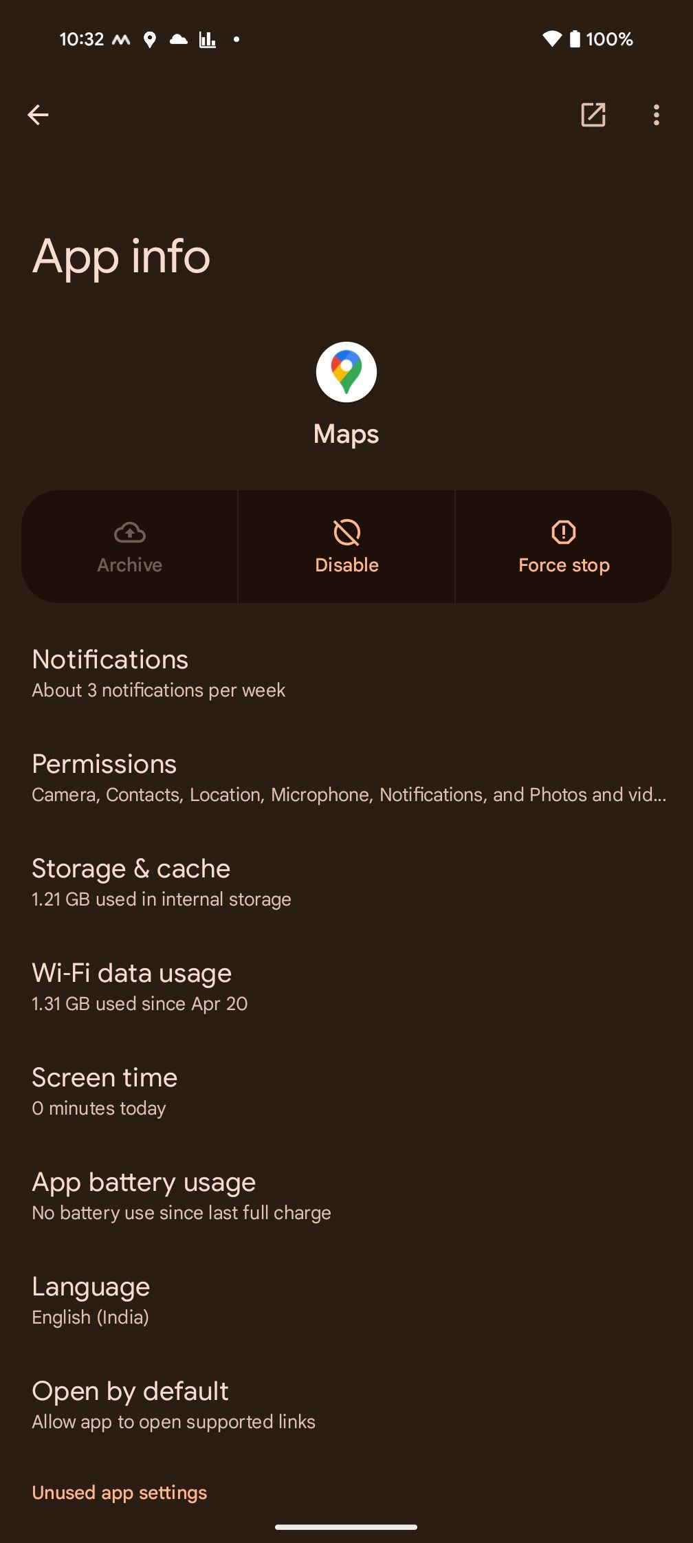 Информация о данных приложения Google Maps на Android.