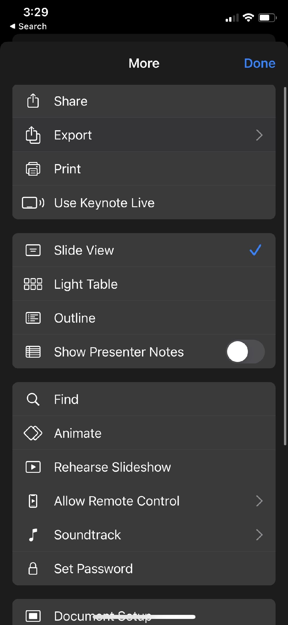 Опции экспорта в Keynote на iPhone