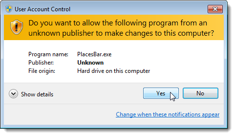 UAC при запуске PlacesBar Editor