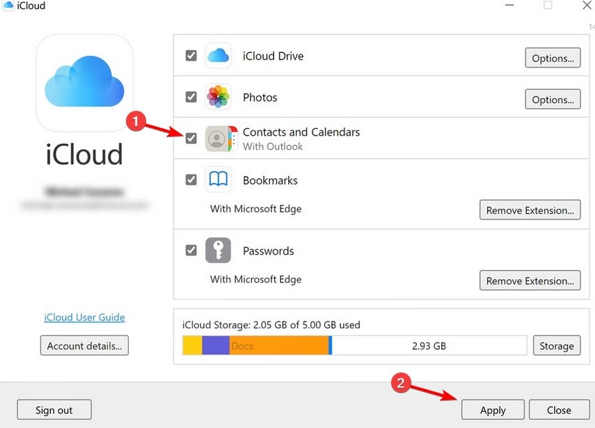Параметры синхронизации iCloud: почта, контакты, календари