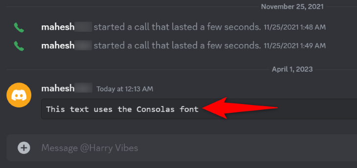 Пример сообщения в кодовом блоке в Discord.