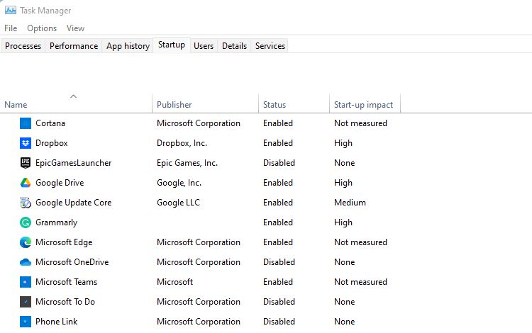The Startup tab in Windows Task Manager
