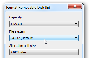 Выбор файловой системы FAT32 в Windows