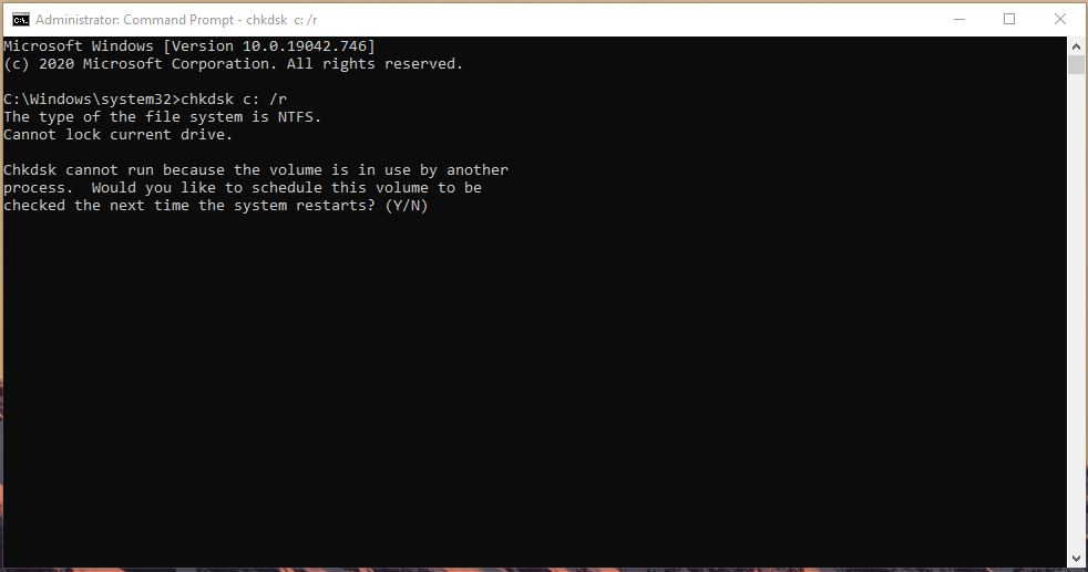 Подтверждение chkdsk: ввод Y