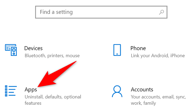 Выберите «Приложения» в Параметрах.