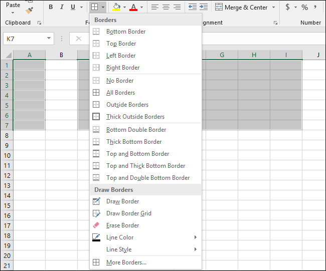 Примеры вариантов границ в меню Excel