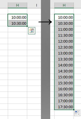 Автозаполнение с шагом 30 минут