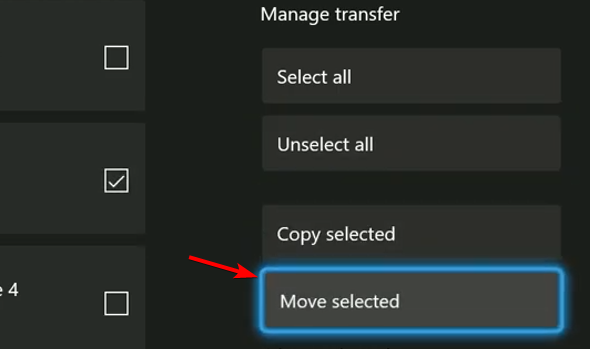 Выбор 'Переместить выбранное' для игры на Xbox