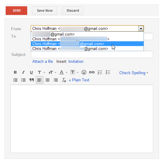 Выбор адреса отправителя в поле From при составлении письма