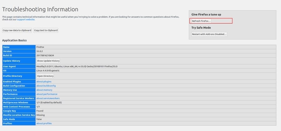 Страница «Информация для решения проблем» в Firefox