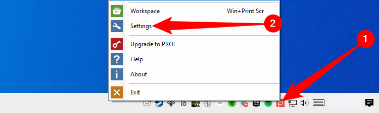Правый клик по иконке Screenpresso в трее, пункт Settings