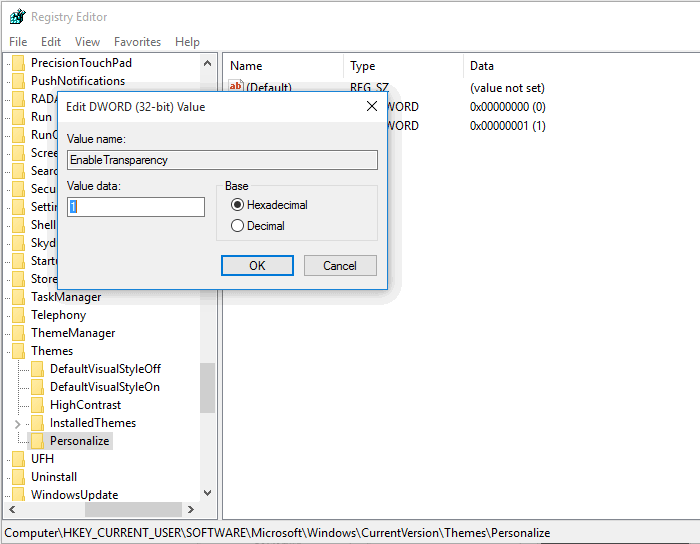 DWORD значение Enable Transparency — изменение значения