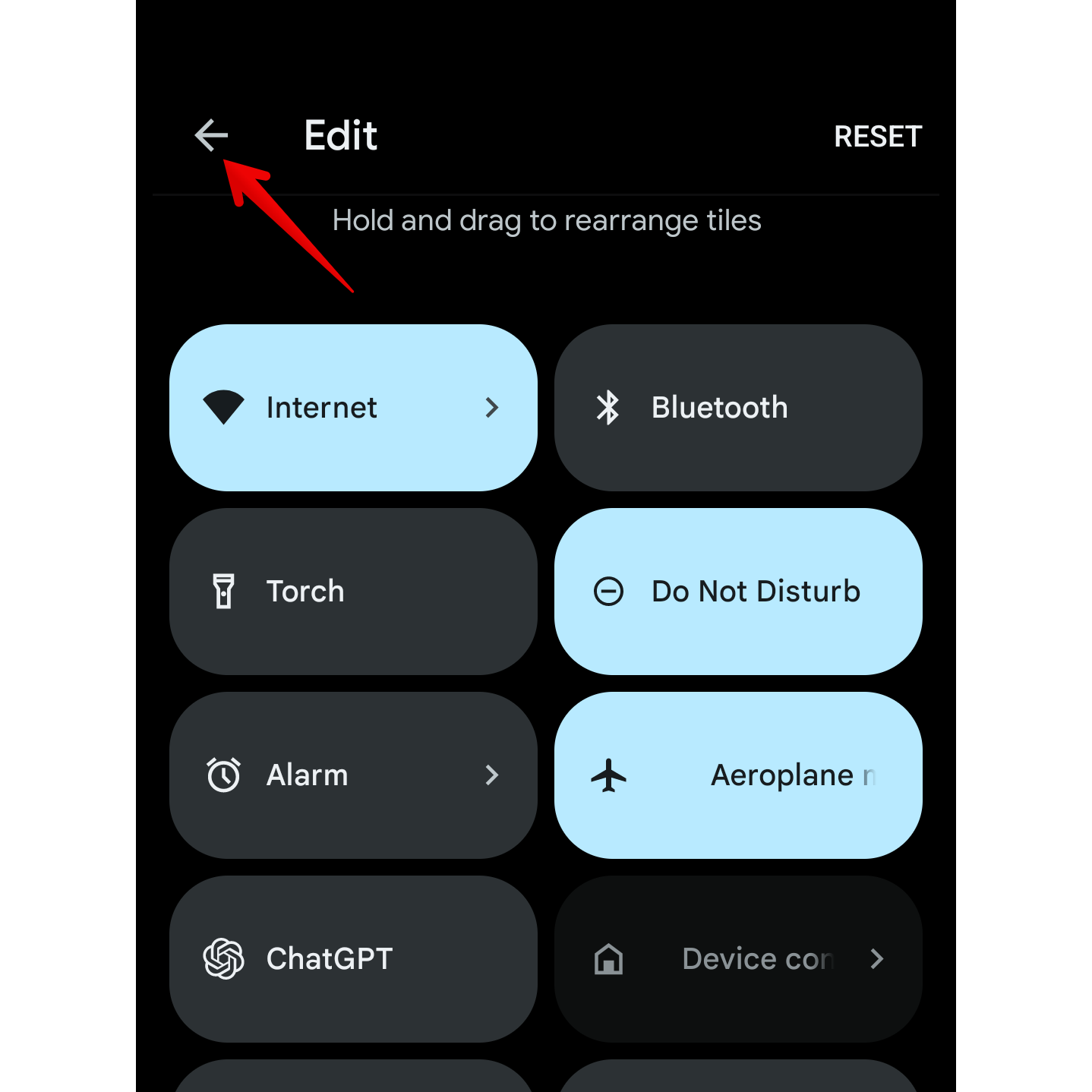 Экран редактирования панели Быстрых настроек Android.