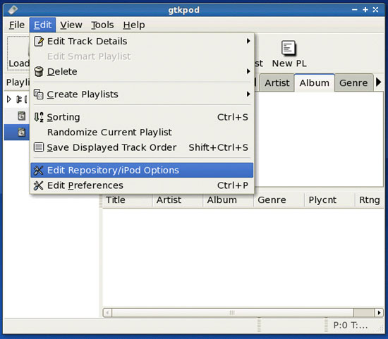 Пункт меню для перехода к настройкам репозитория в gtkpod