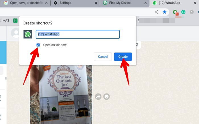 Окно «Создать ярлык» с опцией «Открывать как окно» в Chrome
