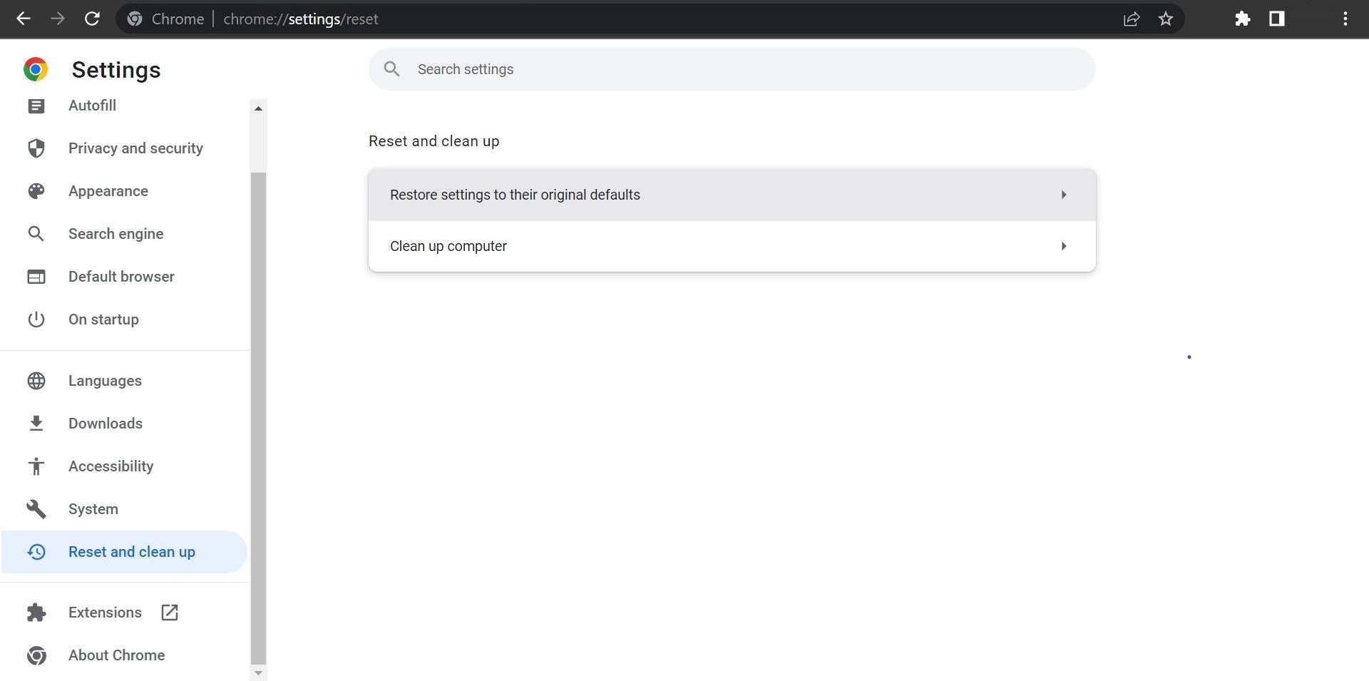 Страница Сброс и очистка в настройках Chrome