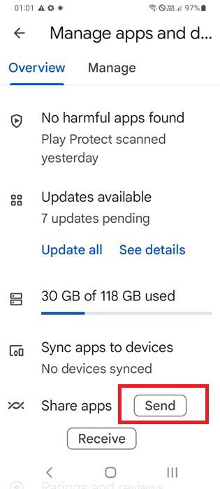Кнопка Send в разделе Управление приложениями и устройствами Google Play для передачи нескольких приложений.