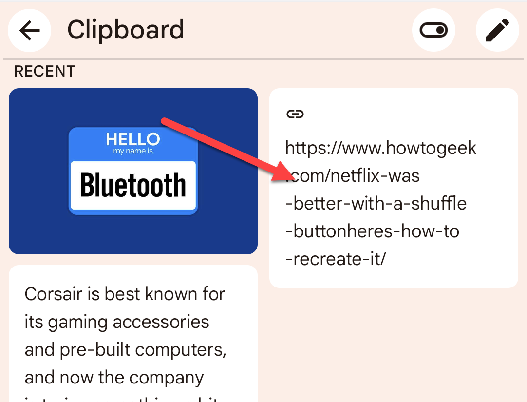 Выберите элемент в буфере Gboard.