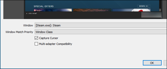 Выбор окна для захвата в OBS