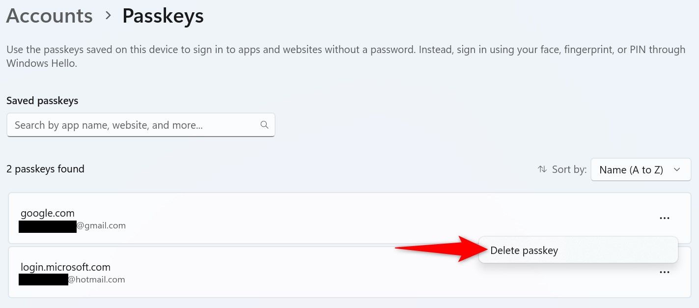 Кнопка Удалить passkey в параметрах Windows 11.