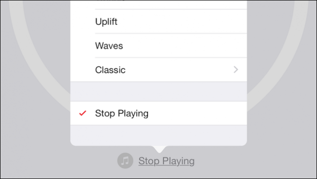 Опция 'Остановить воспроизведение' в списке звуков таймера