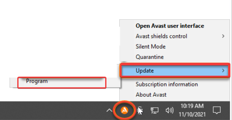 Меню обновлений Avast — Обновление программы