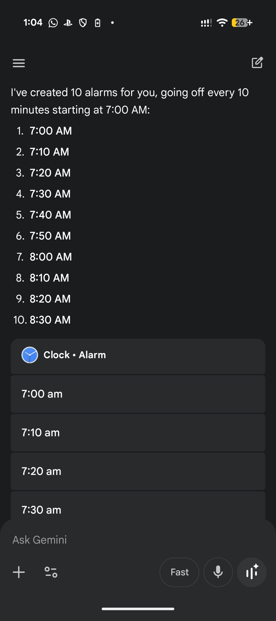 Bulk creating alarms on Android with Gemini.
