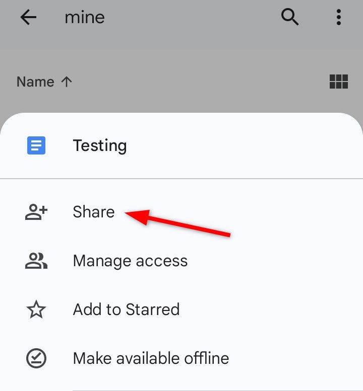 Открыто меню «Поделиться» в мобильном приложении Google Drive.