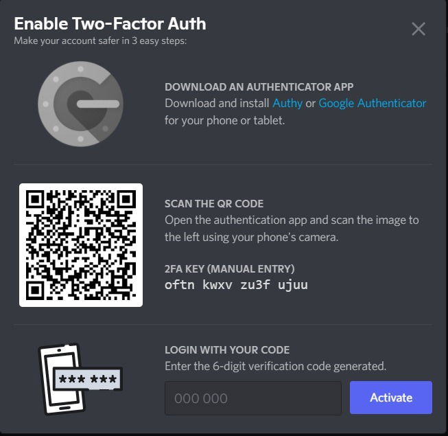 Utilisation d'une application d'authentification pour Discord