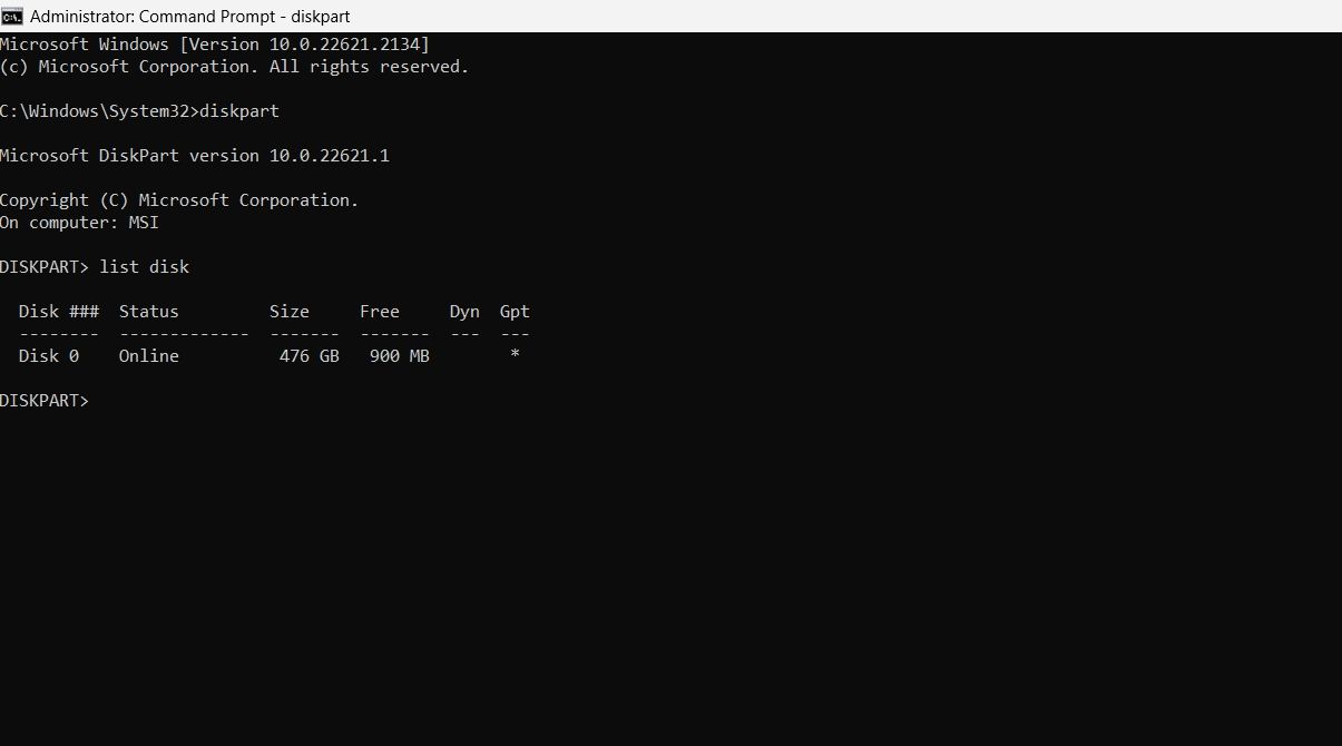 Команда list disk в Командной строке