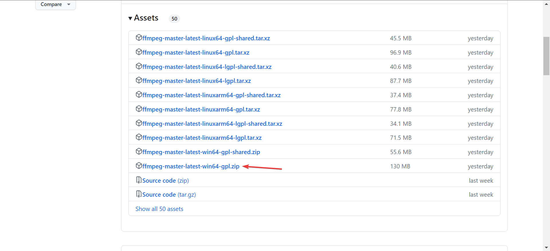 Выбор версии FFMPEG на GitHub перед загрузкой