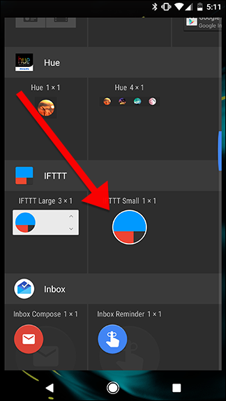 Выбор размера виджета IFTTT на Android