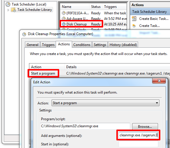 Изменение действия задачи: параметр sagerun с указанием номера профиля