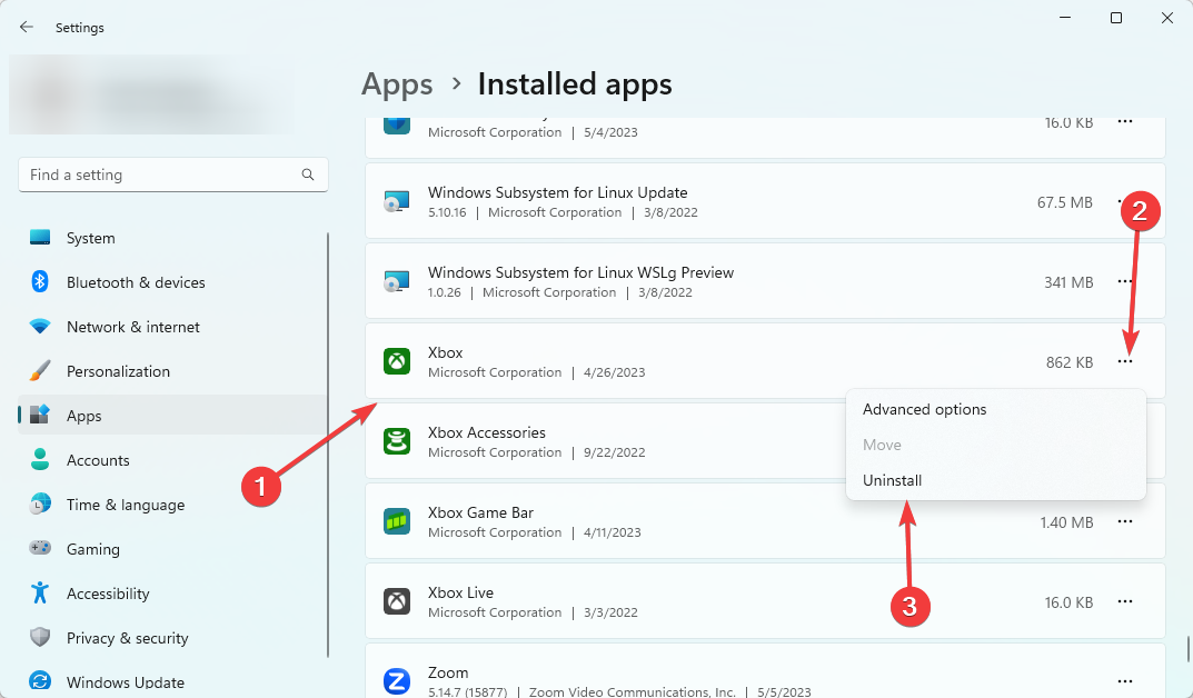 Меню с пунктом Удалить приложение Xbox