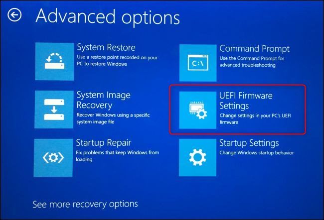 Параметр UEFI Firmware Settings на экране расширенных параметров загрузки Windows 10