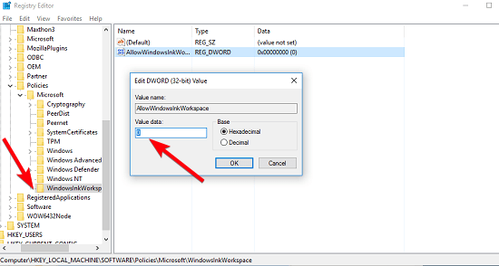 Настройка значения AllowWindowsInkWorkspace