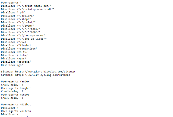 Фрагмент файла robots.txt сайта Giant Bicycles
