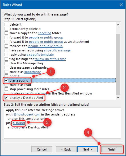 Опции оповещений в мастере правил