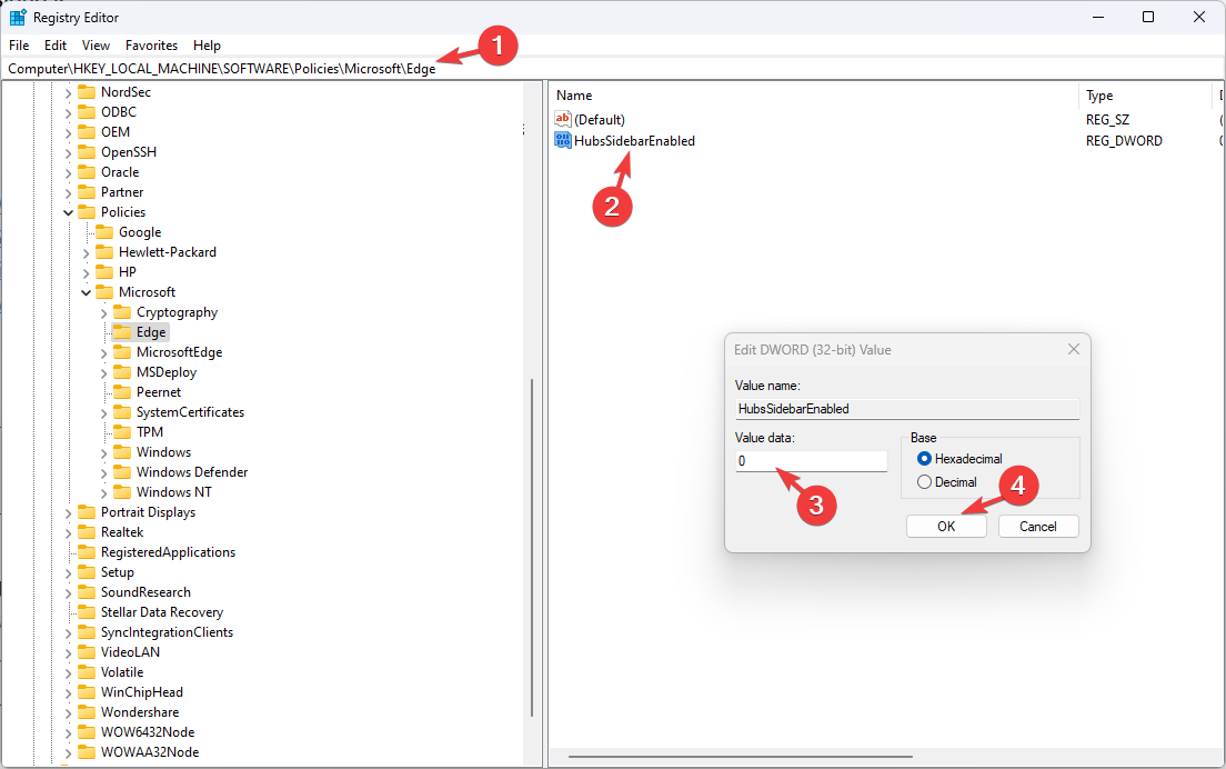 Значение HubsSidebarEnabled в редакторе реестра