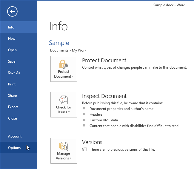 Скриншот: меню «Параметры» в backstage