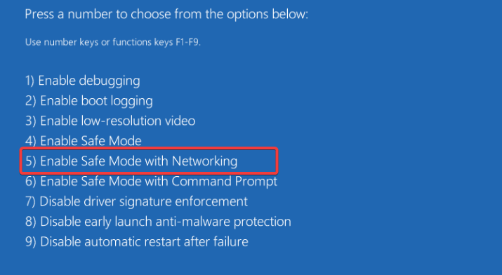 Выбор безопасного режима с сетью в списке параметров загрузки