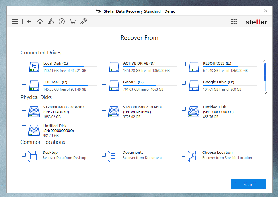 Liste des disques détectés par Stellar Data Recovery