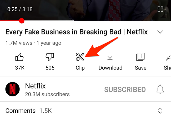 Нажмите «Клип» на странице видео в приложении YouTube.