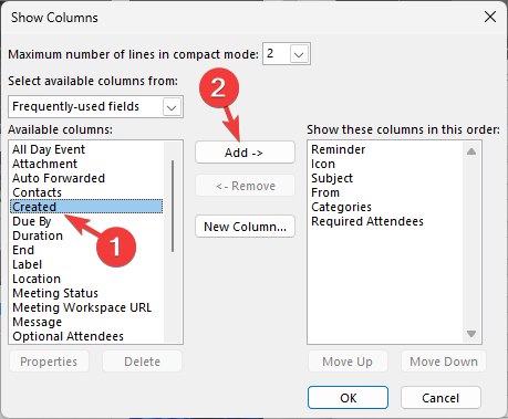 Выбор поля Created и нажатие 'Add' в списке столбцов