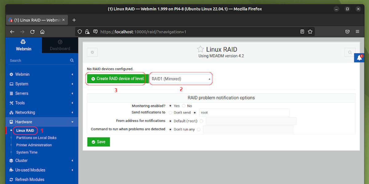Choosing the RAID mode in Webmin interface