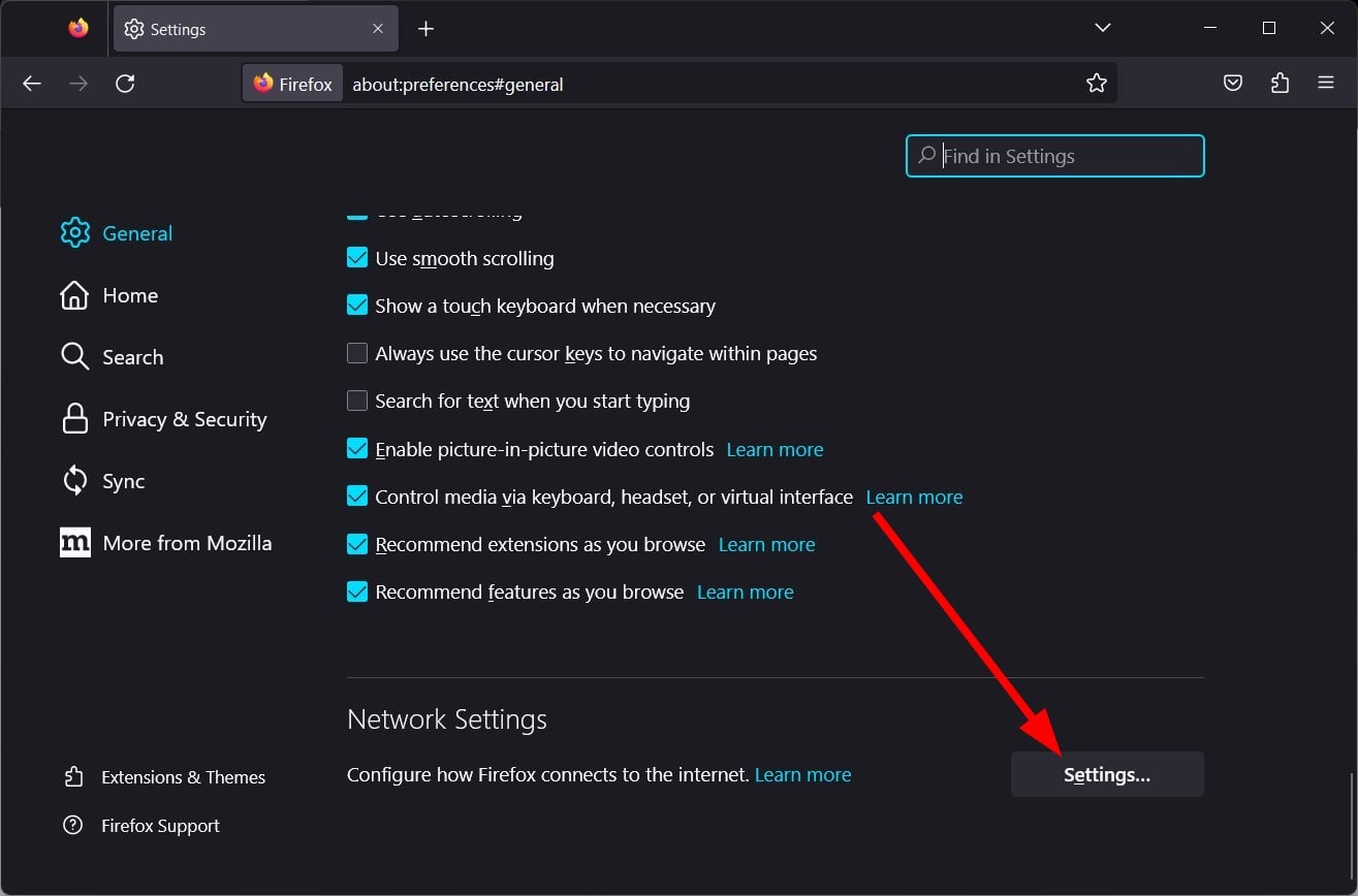 Параметры сетевых настроек в Firefox
