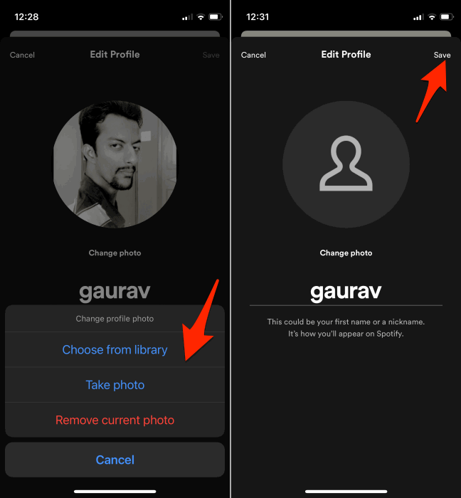 Опции выбора изображения профиля в мобильном приложении Spotify