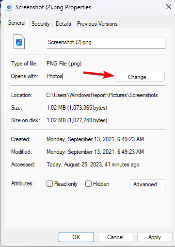 Кнопка изменить приложение в свойствах файла