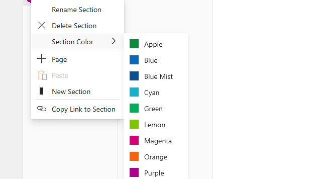 Выбор цвета раздела в контекстном меню OneNote