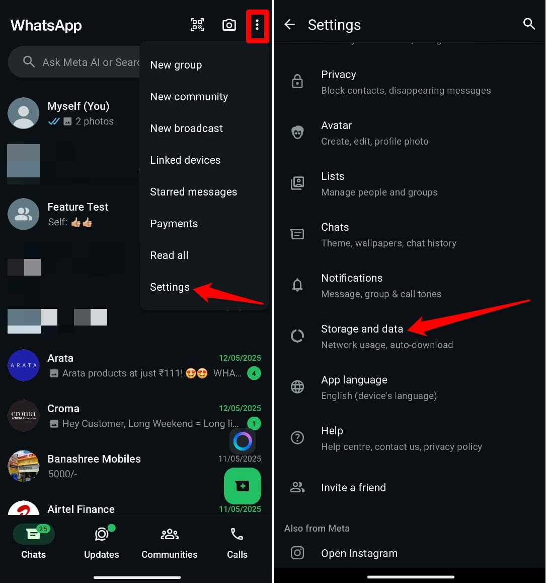 Как открыть раздел Хранилище и данные в WhatsApp